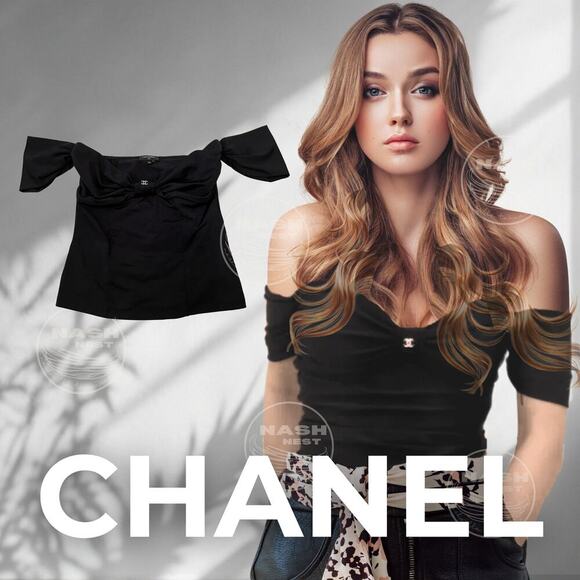 Chanel 23S Black Jersey Off-Shoulder Bow Top | Rare Crystal CC Logo FR 36 - Picture 1 of 12